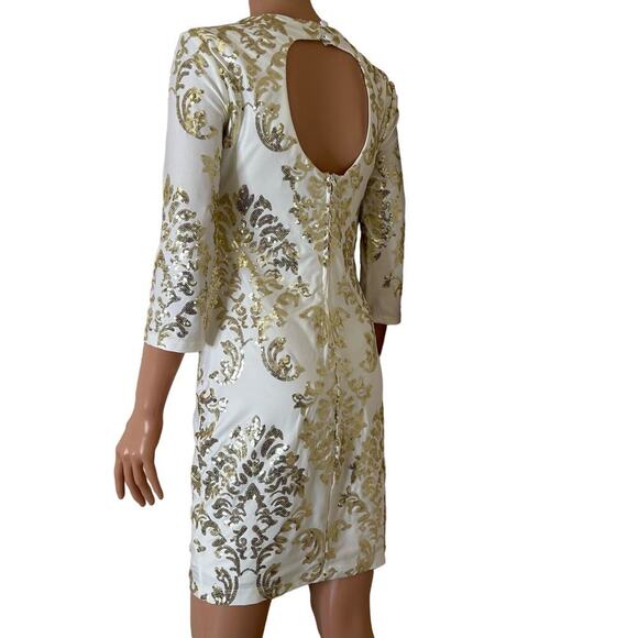 B.Darlin Dress Ivory W/Gold Sequins Lined Cut Out Back Body Con Size 7/8 - Picture 4 of 11